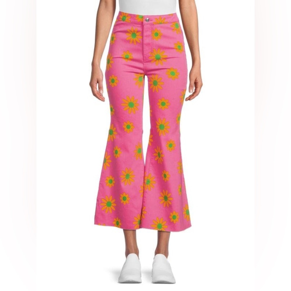 Free People Pink Daisy Print Cropped Flared Jeans
